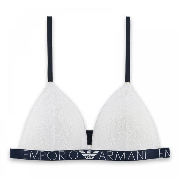Emporio Armani Logoband Lace Padded Triangle Bra, White