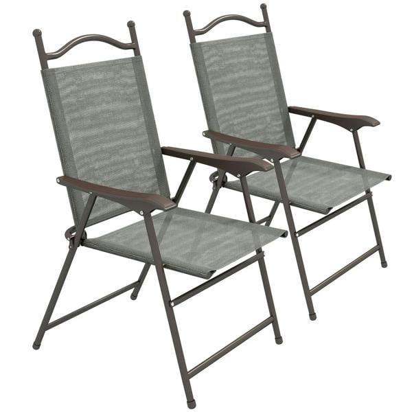 Set of two dark grey folding garden chairs with mesh seats and armrests