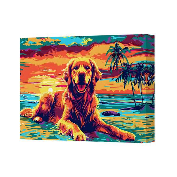 Benjamin Tate Design Vibrant Sunset Beach Pop Art Golden Retriever Canvas Wall Art