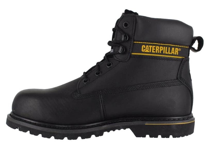 Caterpillar Holton Mens SB Safety Steel Toe Cap Lace Up Work Boots, black antimicrobial leather safety boots with steel toe protection and durable outsole.