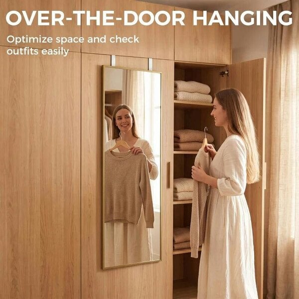 Bobobiy 40 x 110 cm Full Length Wall Mirror, Rectangular Mirror with Adjustable Hooks, Over the Door or Wall Mounted, Gold Tone