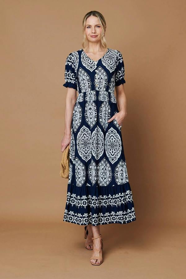 Navy | Printed Shirred Puff Sleeve Maxi Dress