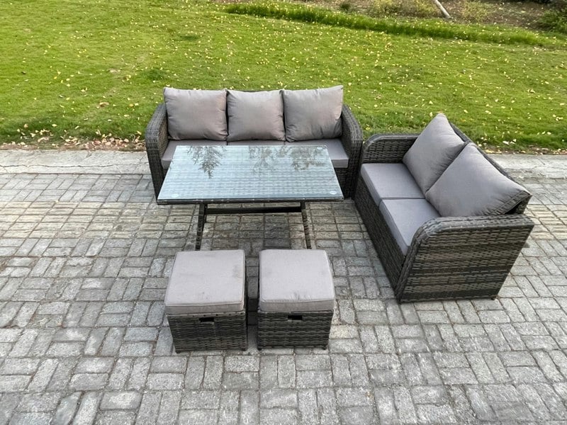 Fimous High Back PE Rattan Sofa Set Outdoor Garden Furniture Dining Table Set Love Sofa 3 Seater Sofa 2 Small Footstool