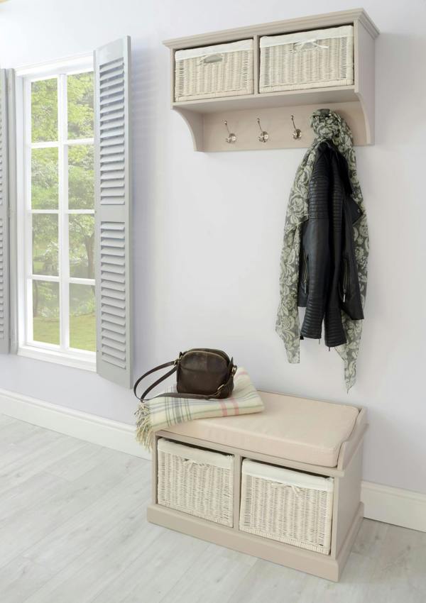 Statement Furniture Tetbury Hanging Shelf with 2 White Wicker Baskets. Wallmounted Coat Rack Assembled