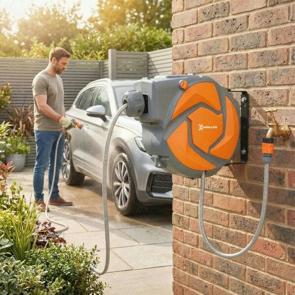 Bobobiy 10m Garden Hose Reel Wall Mounted Auto Rewind with 7 Patterns Spray Nozzle, Includes Wall Fixings, Orange