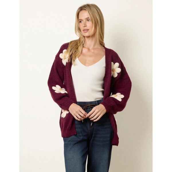 Blue Vanilla Daisy Large Flower Cardigan - Wine