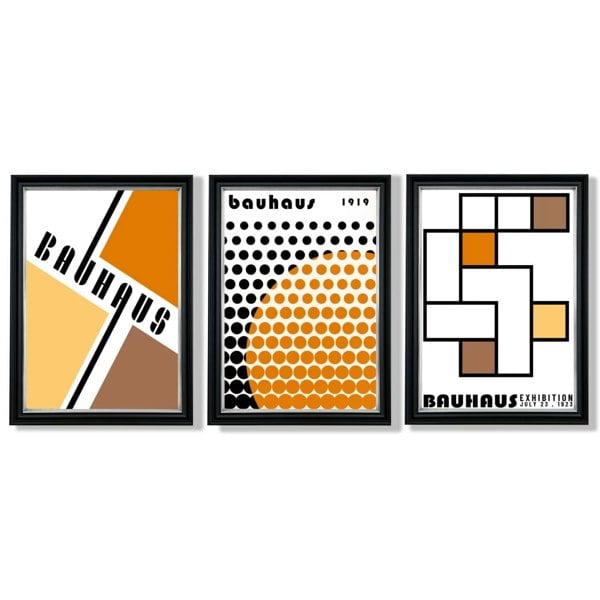 Set of 3 Bauhaus Orange Modern Framed Art Prints with Vermeer Black and Silver Frames