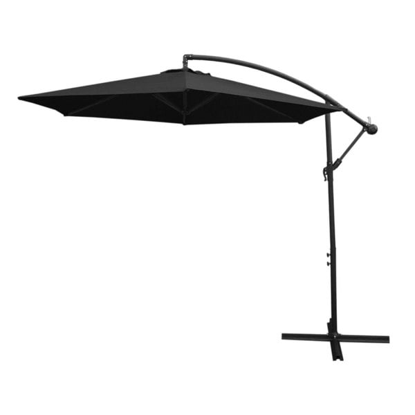 Black cantilever parasol with a square base, featuring a sleek design, durable fabric, and a sturdy metal frame for outdoor shade