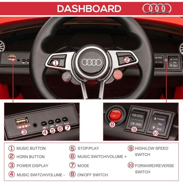 Ride-on car dashboard with black steering wheel and control buttons, music and speed settings