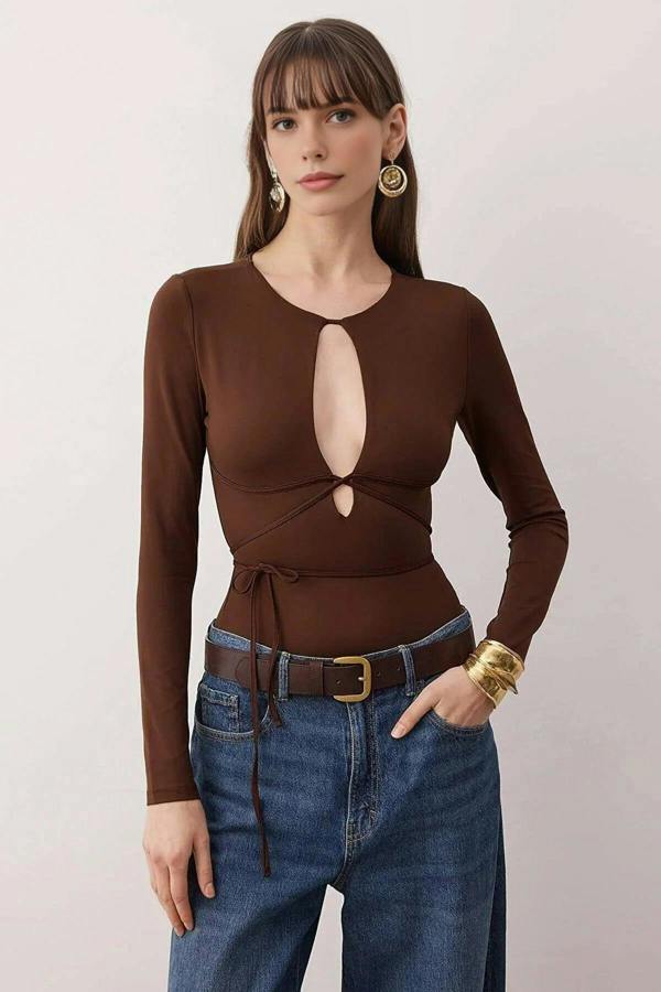 WOVCOR Deep V-Neck Tied Knit Party Bodysuit