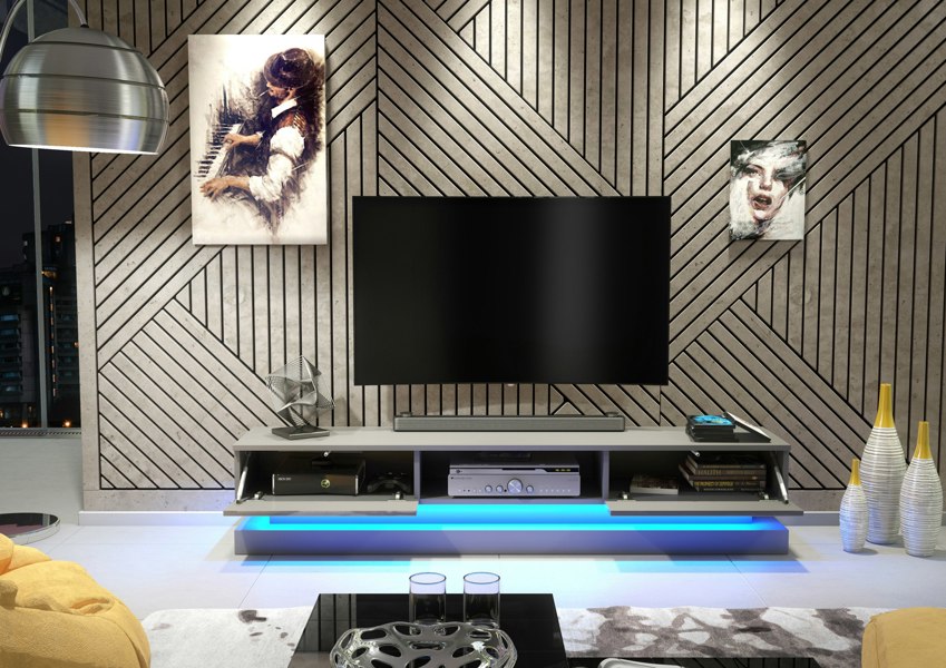 Mex Furniture 180cm Modern TV Unit with Grey High Gloss Doors & Free LED Lighting