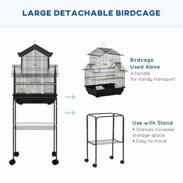 Detachable black metal birdcage with handle, used alone or on a stand