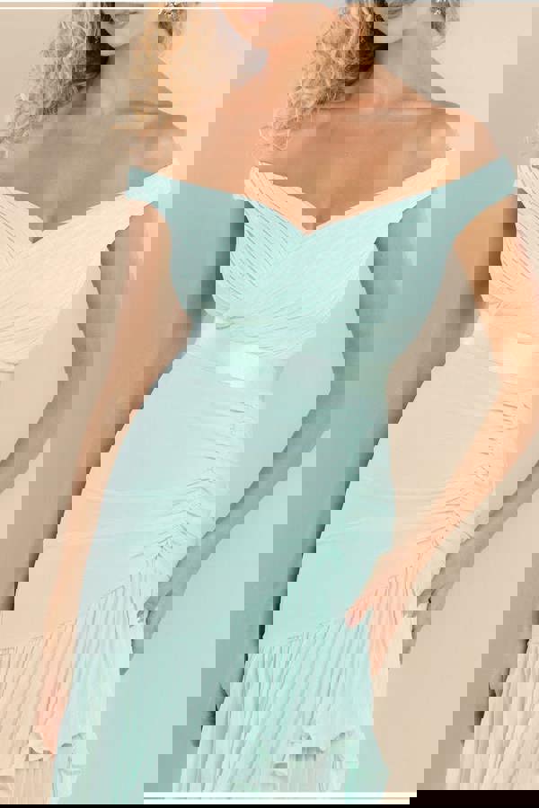 Pleated Bardot High Low Tier Chiffon Midaxi Dress - Mint Green DR4272