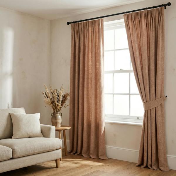 Hopsack made-to-measure curtains in Soft Peach, styled in a living room