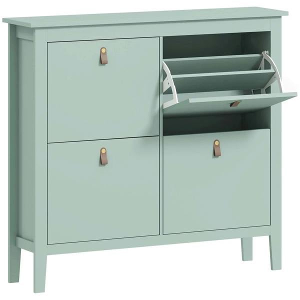 Green shoe cabinet with open upper shelves and two lower drawers