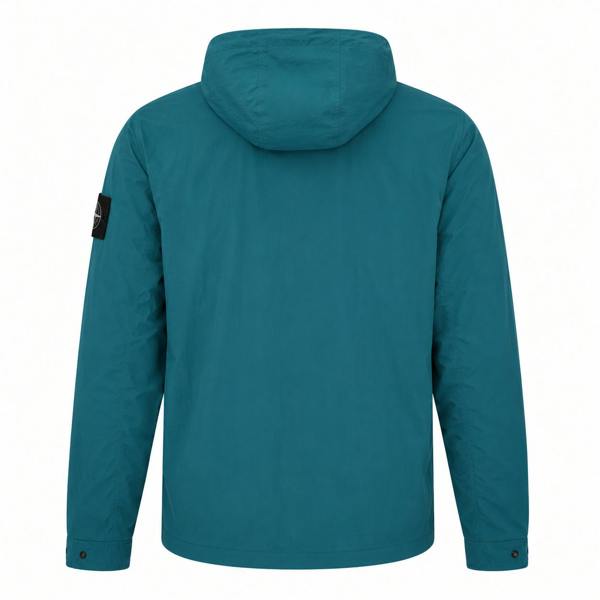 Teal Marshall Artist Amerigo hooded overshirt with a back view, featuring a branded sleeve patch and button cuffs.
