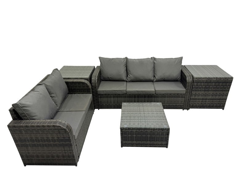Fimous Rattan Garden Outdoor Furniture Set Love Sofa Square Coffee Table Sets with 2 Side Tables 2 Small Stools Dark Grey Mixed