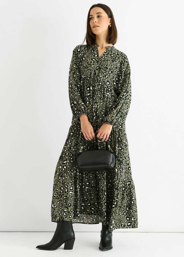 Gini London Khaki Viscose Animal Oversized Smock Maxi Dress