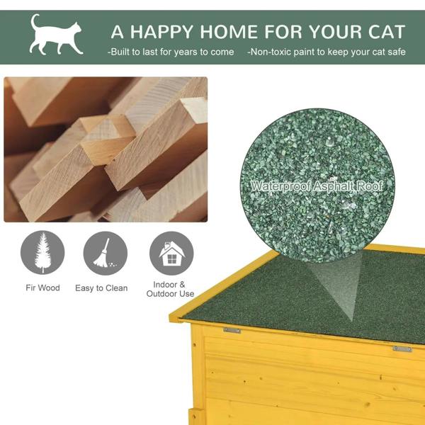 Yellow wooden cat house with waterproof asphalt roof surface
