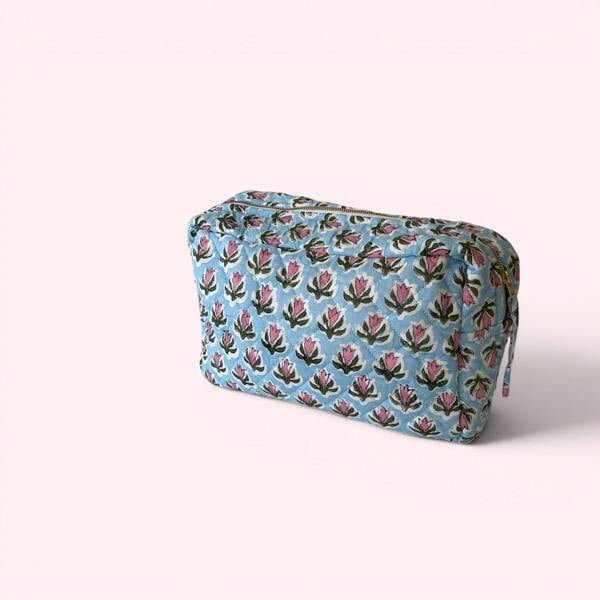 Hayley & Co XL Toiletry Bag - Quilted Cotton Large Wash Bag in Pale Blue and Pink Floral Block Print