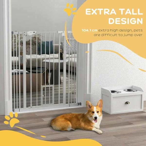 White extra-tall pet safety gate with cat access and raised barrier design