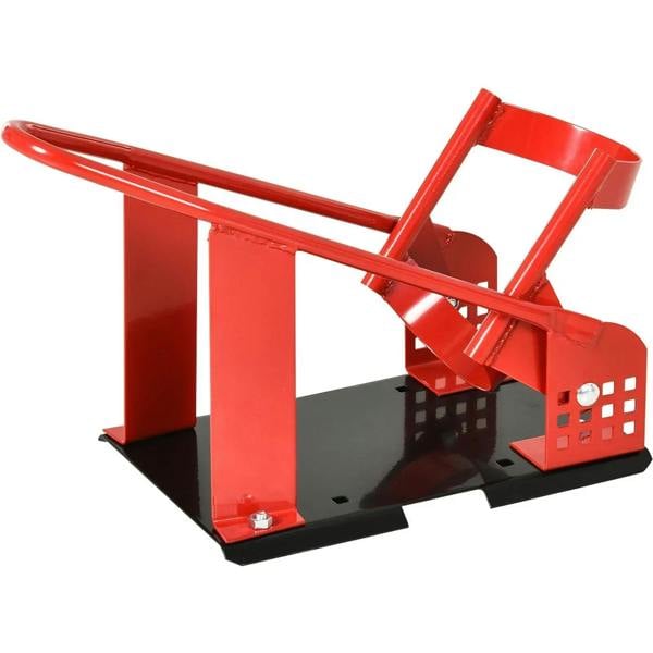 Red metal motorcycle wheel chock with black base and U-shaped wheel clamp