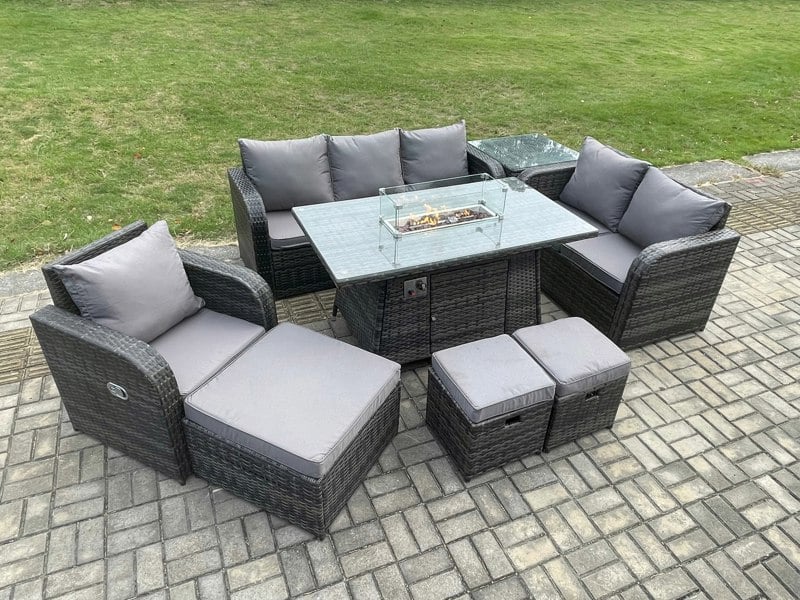 Fimous Garden Patio Furniture Wicker Rattan Gas Fire Pit Table and Sofa Chair set with Side Table 3 Footstool