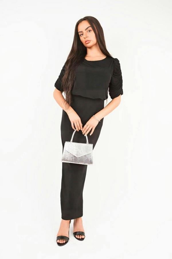 Elvira Ruched Short Sleeve Maxi Dress With Draped Bodice - Black