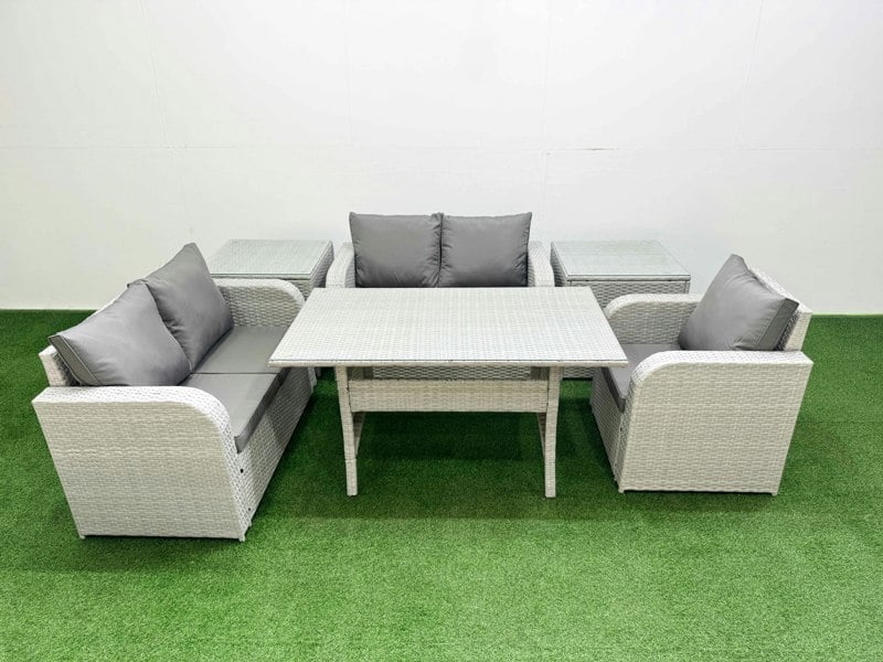 Fimous High Back Poly Rattan Garden Furniture Set - Light Grey Indoor/Outdoor Patio Set with Reclining Chair & Dining Table