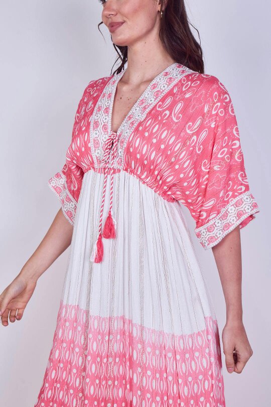 Boho Embroidered Maxi Dress with Tassel Tie – One Size (UK 8–14)