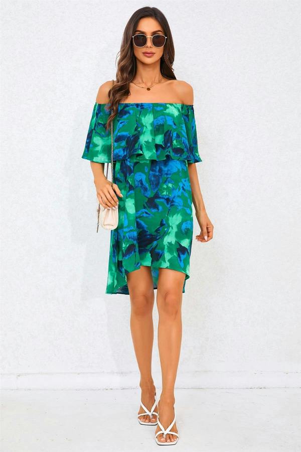 FS Collection Abstract Floral Print Bardot Frill Off Shoulder Mini Dress In Green