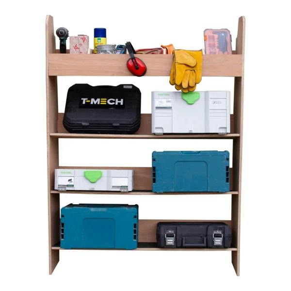 Ford Transit Custom toolbox van racking with wooden shelves, featuring toolboxes, gloves, and storage containers in various colors