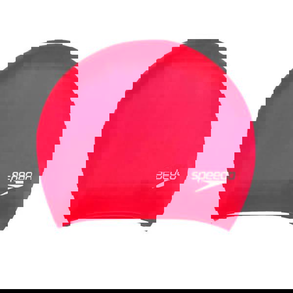 Red Speedo long hair silicone swim cap with white logo