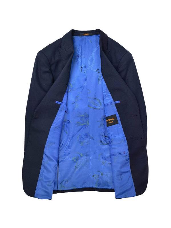 Navy two-button 3-piece suit by PAMONI, featuring a tailored blazer, vest, and matching trousers on a hanger.