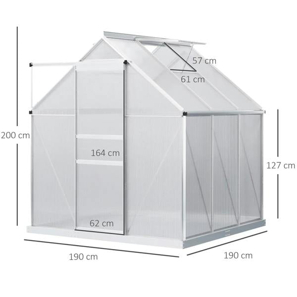 Walk-in greenhouse with clear panels and silver frame, shown from front and side