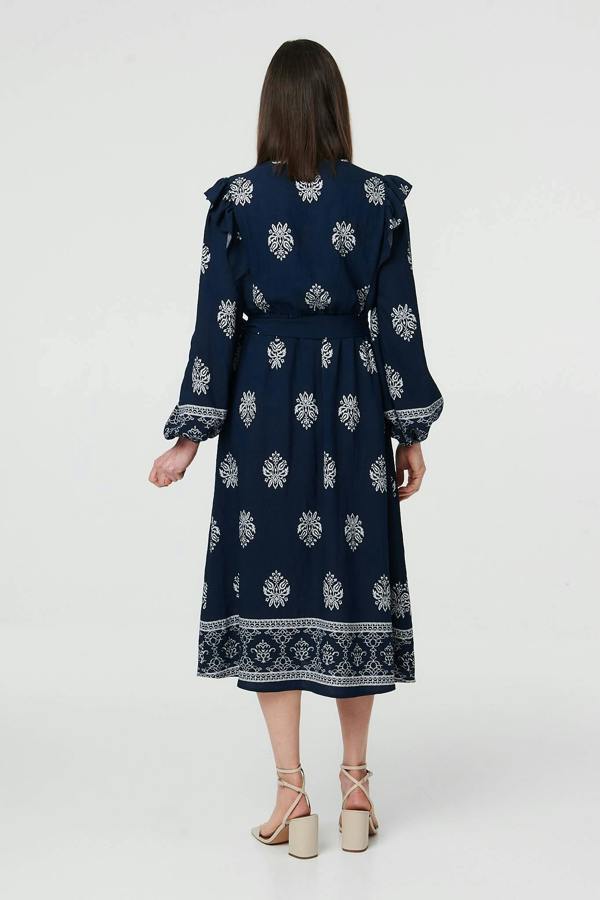 Navy | Border Print Tie Waist Wrap Midi Dress