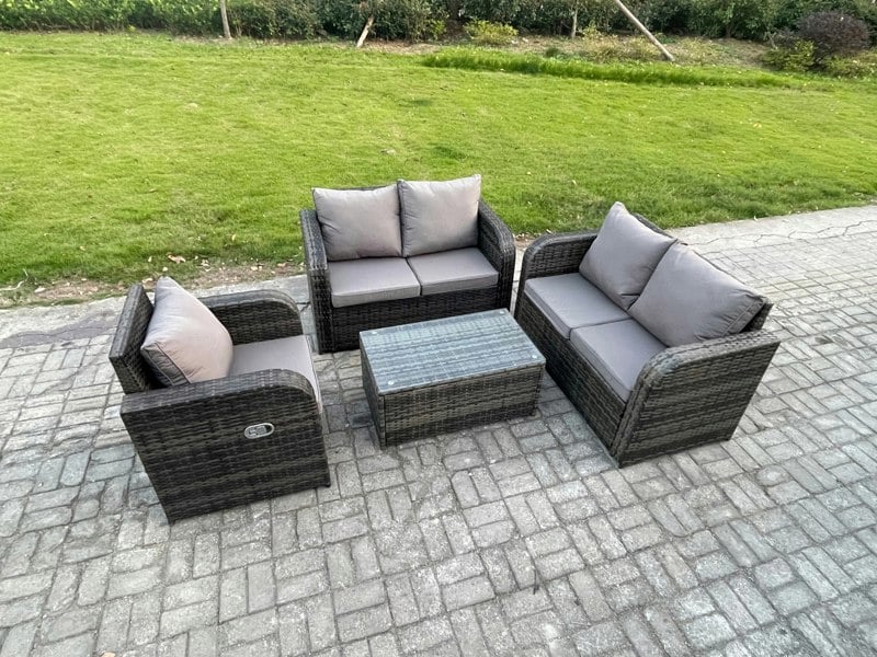 Fimous High Back Rattan Garden Furniture Sets with Loveseat Sofa Rectangular Coffee Table Indoor Outdoor Patio Lounge Sofa Set Dark Grey Mixed