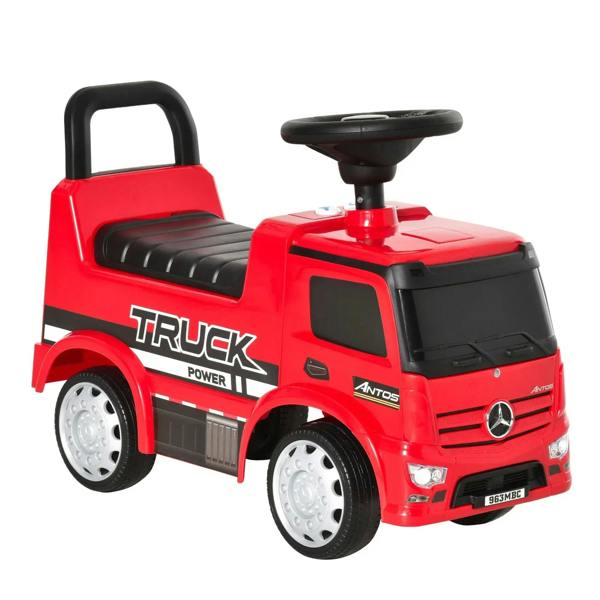 Red kids ride-on truck with black seat, steering console, and front handle