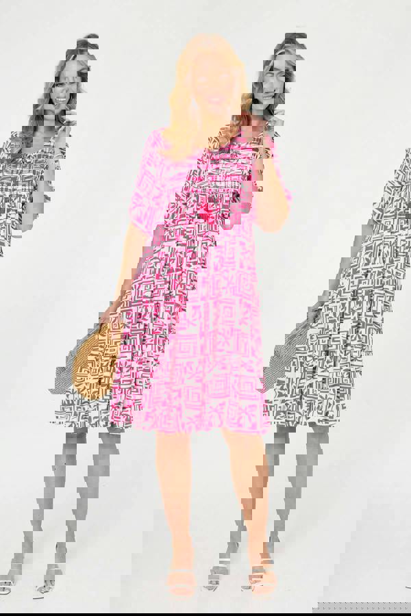 Pink | Printed Tassel Neck Knee Length Dress