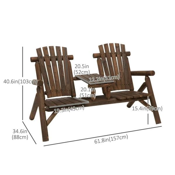 Carbonized wood patio bench with center tea table, shown from front with measurements.