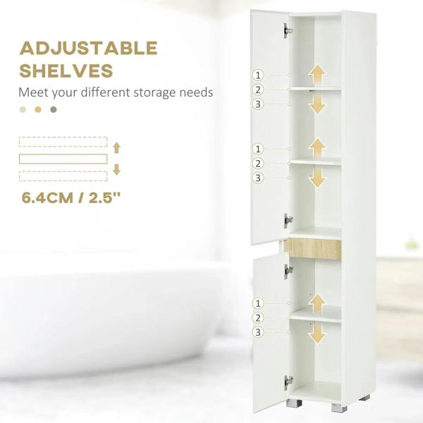 White tall cabinet with adjustable interior shelves, open door showing tier layout