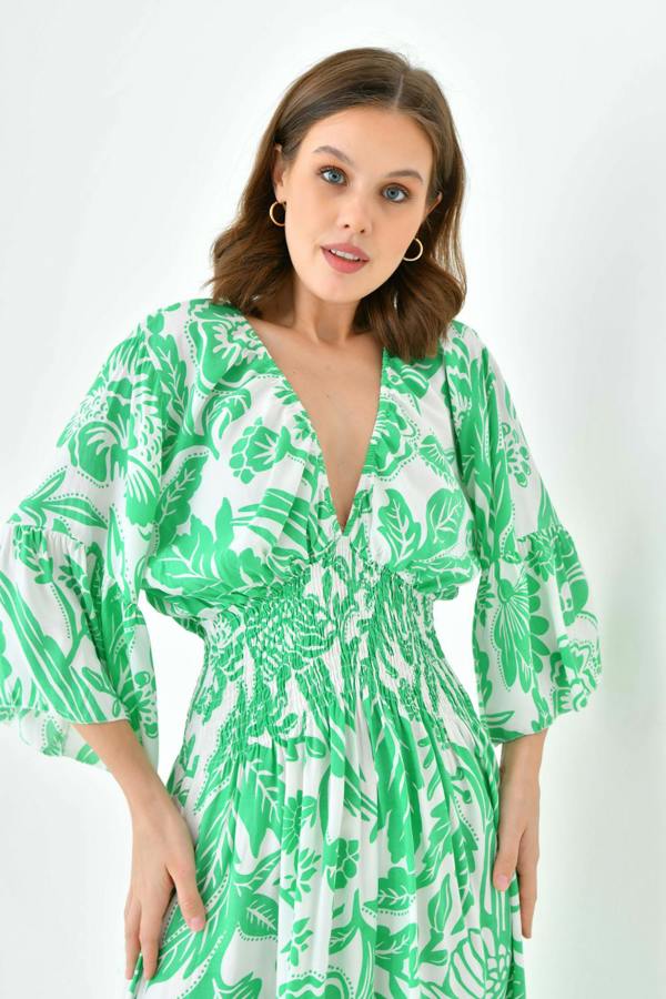 Hoxton Gal Oversized Flutter Sleeves Shirred Waist V Neck Midi Dress with Floral Print in Green and White