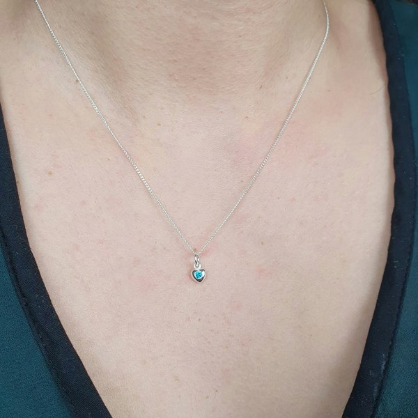 Mini Aquamarine March Birthstone Heart Silver Necklace