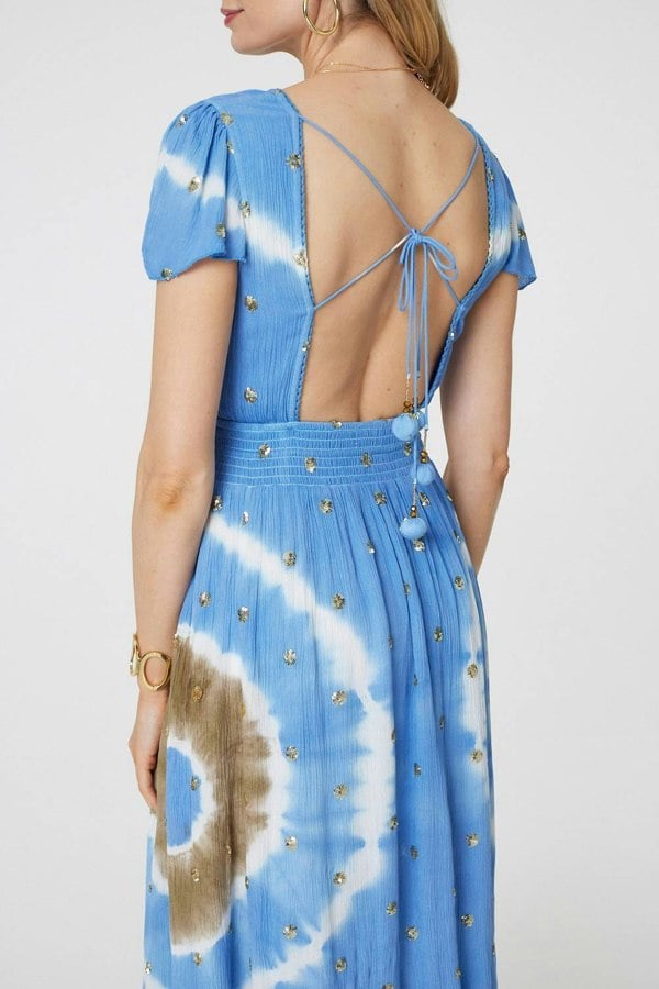 Blue | Tie Dye Print Shirred Tie Waist Midi Dress
