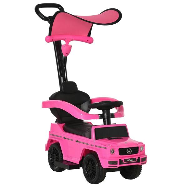 Pink kids ride-on push car walker with steering wheel, horn, and black seat