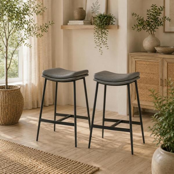 Wyld Haus Ralura Microfiber Grey Industrial Breakfast Bar Stools Set Of 2 With Curved Seat