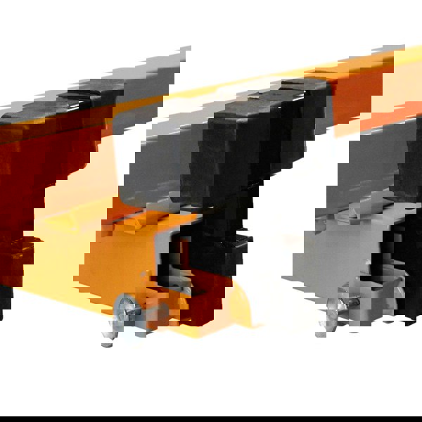 Close-up of the 16ft drywall lifter hoist's sturdy orange frame, featuring a black locking mechanism and smooth metal finish