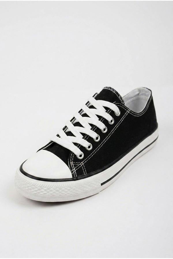 Pearl Canvas Lace Up Low Trainers - Black