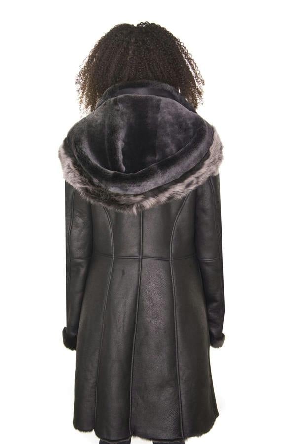 Infinity Leather Womens Black Sheepskin Hooded Duffle Coat-Ottawa