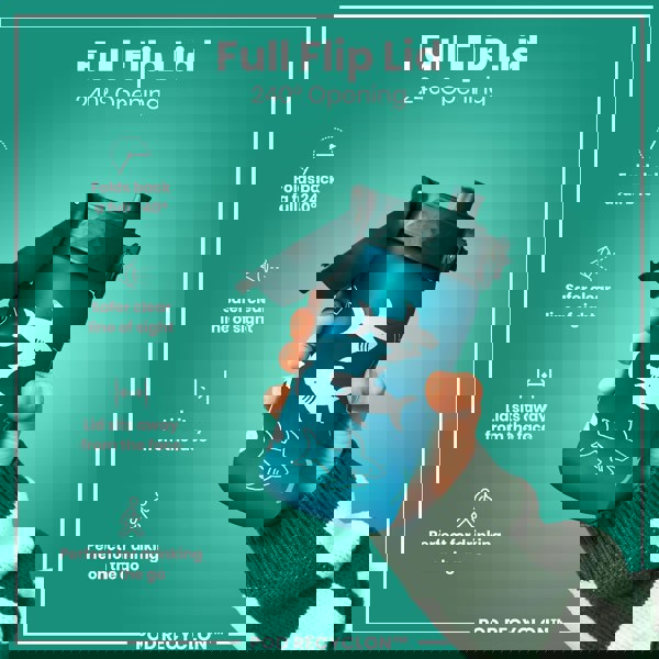 A water bottle with a full flip lid, being held, against a teal background. The lid folds back 240°. The bottle features a shark design. POD RECYCLON™ is shown.